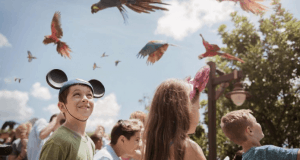 Kids with classic mouse ear hats gaze up as vibrant parrots soar overhead during Party for the Planet at Disney’s Animal Kingdom.