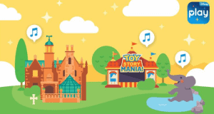Whimsical castle, Toy Story Mania tent, and hippo by a pond in a vibrant Disney park scene inspired by Play Disney Parks App.