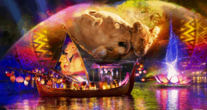 Lion King-themed boat glides across Rivers of Light at Disney World, surrounded by dazzling lights and iconic lion characters.