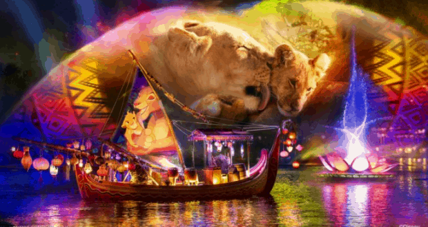 Lion King-themed boat glides across Rivers of Light at Disney World, surrounded by dazzling lights and iconic lion characters.