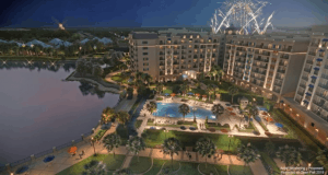 Riviera Resort lit up at night with dazzling pool views, fireworks above, and palm trees—enjoy magical perks with Membership!.