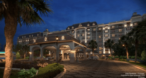 Riviera Resort’s grand nighttime entrance glows, inviting Disney fans to win a magical Walt Disney World getaway experience!.
