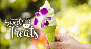 Green ice cream cone with creamy soft serve and a purple orchid, featured in Disney Parks’ whimsical Sweet Treats, April 2019.