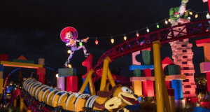 Jessie, Rex, and Slinky Dog on Toy Story-themed ride glowing at Disney’s Hollywood Studios After-Hours event.