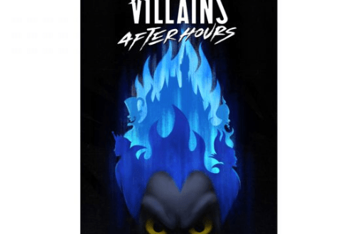 Disney Villains After Hours poster at Magic Kingdom—intense blue flames, glowing yellow eyes, and bold new art for Disney fans.