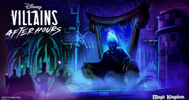 A glowing blue Disney villain reigns on a misty throne under "Disney Villains After Hours," capturing that Villains Unite thrill.