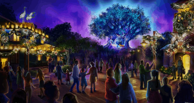 Guests revel in a lively Disney World park scene, surrounded by dazzling holiday décor and festive entertainment.