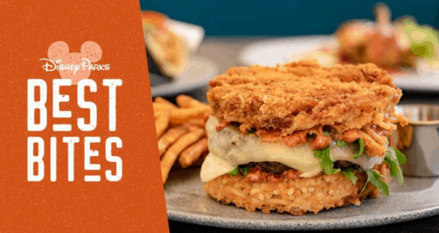 Disneyland’s crispy fried chicken sandwich with cheese and greens, plus fries, stars in the “Disney Parks Best Bites” lineup.