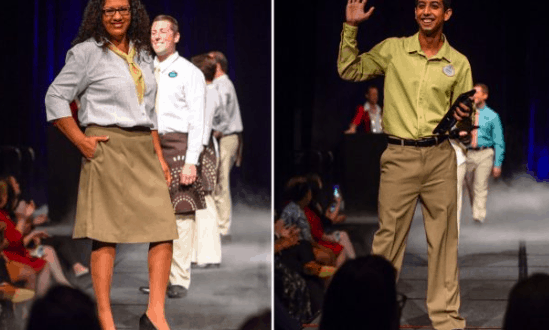 Cast Members debut business-casual costumes on the runway at Disney’s Coronado Springs Resort, with fellow Cast on stage behind.