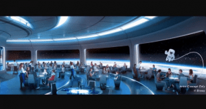 Space 220 Restaurant at Epcot featuring panoramic windows overlooking outer space, with an astronaut floating just outside.