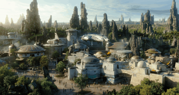 Bustling sci-fi city with rocky peaks, domes, and spaceship overhead—evoking Star Wars: Galaxy’s Edge at Disney World.