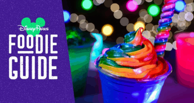 Vibrant rainbow soft-serve ice cream featured by the Disney Parks Foodie Guide, glowing under festival lights at Typhoon Lagoon’s H2O Glow Nights.