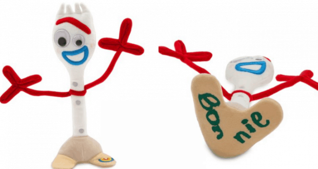 Forky plush with red pipe cleaner arms, big smile, and "Bonnie" on its foot—a playful Toy Story 4 souvenir from Walt Disney World.