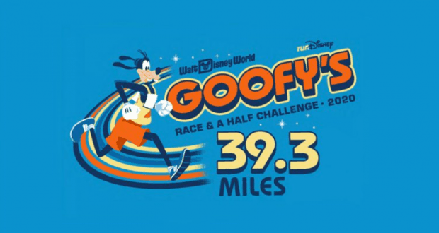 Goofy dashes across a blue Disney World backdrop, promoting Goofy's Race and a Half Challenge 2020—39.3 miles of fun!.