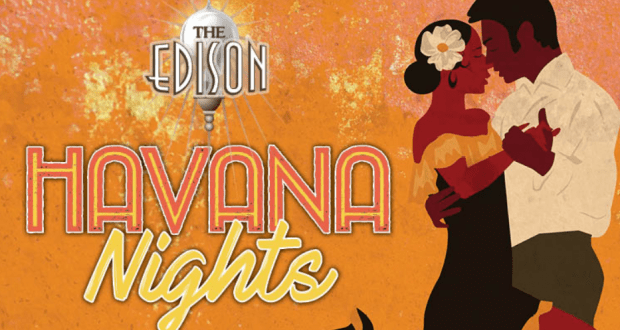 Couple dances in front of “Havana Nights” at The Edison, set against vibrant orange—channeling Disney Springs nightlife energy.