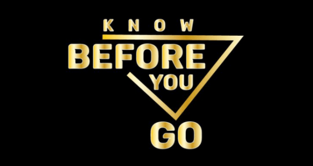 Bold gold "KNOW BEFORE YOU GO" text on black, with "BEFORE YOU" in an inverted triangle—ideal for Star Wars: Galaxy’s Edge tips.
