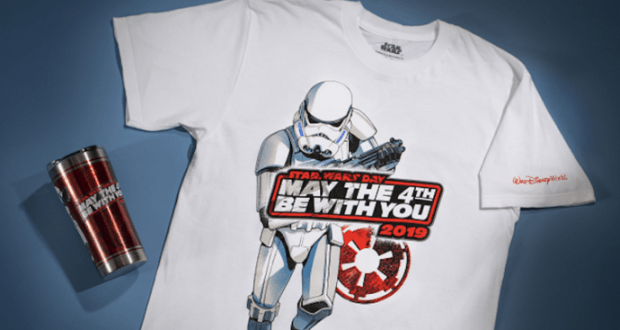 Star Wars May the 4th Be With You 2019 tee and stormtrooper mug on blue, perfect for Disney World fans celebrating Star Wars Day.