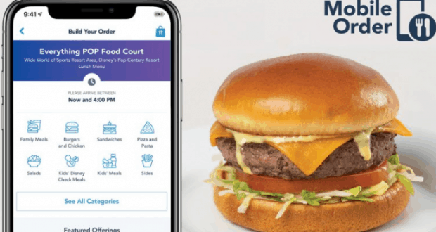 A smartphone with a food order app and a classic Disney World cheeseburger spotlights easy Mobile Order in the parks.