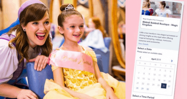 A happy guest and young princess on the Bibbidi Bobbidi Boutique Walt Disney World booking page, with Online Reservations open.