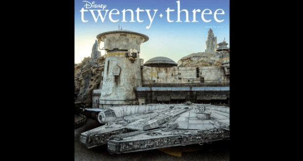 The Millennium Falcon at Star Wars: Galaxy's Edge takes center stage on the cover of Disney twenty-three magazine.