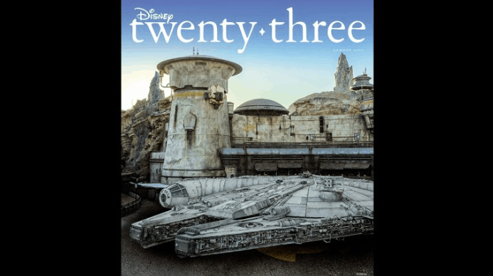 The Millennium Falcon at Star Wars: Galaxy's Edge takes center stage on the cover of Disney twenty-three magazine.