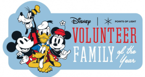 Mickey, Minnie, Goofy, Donald, and Pluto celebrate as "Disney and Points of Light Volunteer Family of the Year" appears onscreen.