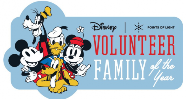 Mickey, Minnie, Goofy, Donald, and Pluto celebrate as "Disney and Points of Light Volunteer Family of the Year" appears onscreen.