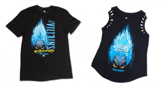 Exclusive Disney Villains After Hours shirts in black, with blue flames and villain faces—only at Walt Disney World.