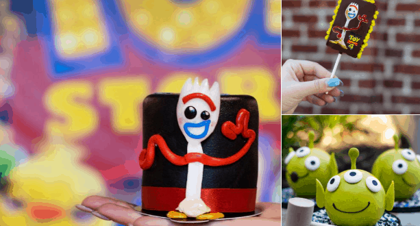 Toy Story treats at Disney Springs: Forky cake, Forky cake pop, and green alien cakes, all inspired by Walt Disney World.