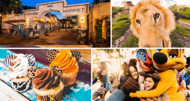 Collage featuring Harambe Market treats, a majestic lion, animal-print cupcakes, and joyful guest hugs with Disney characters.