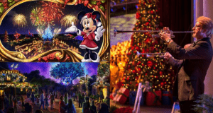 Collage of Disney World holiday magic: fireworks, Minnie Mouse, festive crowds, and a trumpet player by Christmas trees in 2019.
