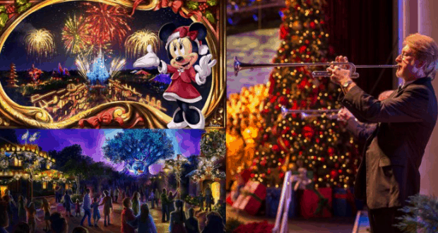 Collage of Disney World holiday magic: fireworks, Minnie Mouse, festive crowds, and a trumpet player by Christmas trees in 2019.