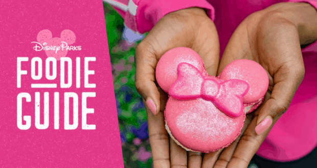 Imagination Pink Minnie Mouse macaron held up by Disney Parks Foodie Guide on a bright pink backdrop—Disney World treat alert!.