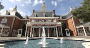 The American Adventure at Epcot, a grand Colonial-style landmark with fountains out front, located near the famed barbecue restaurant.