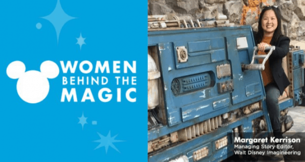 Margaret Kerrison, creative mind behind Star Wars: Galaxy’s Edge, smiles on a blue ride in the "Women Behind the Magic" graphic.