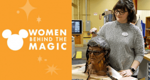 Split image: Left with "Women Behind the Magic" and Disney logo; right, artist sculpts Star Wars helmet at Galaxy's Edge parks.