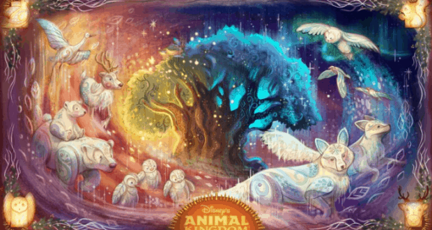 Vivid scene of glowing animals and birds circling the magical Tree of Life, with Disney's Animal Kingdom logo celebrating the Holidays.