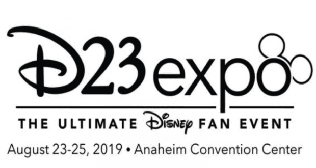 D23 Expo logo with August 23-25, 2019 dates at Anaheim Convention Center—Disney fan event for Parks and products enthusiasts.