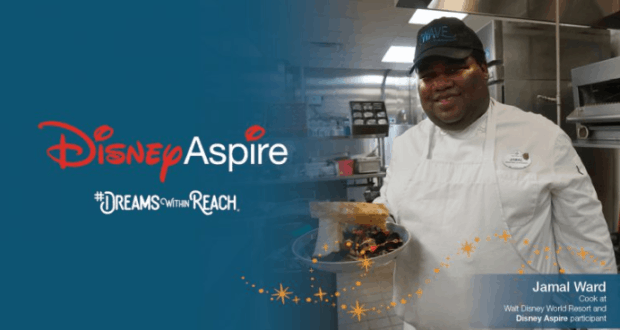 A Disney chef beams with a plated dish near the Disney Aspire logo and “#DreamsWithinReach,” celebrating careers at Walt Disney World.