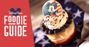 Festive dessert topped with a Mickey Mouse icon and blueberries, showcased by the Disneyland & Disney World July 4th Foodie Guide.