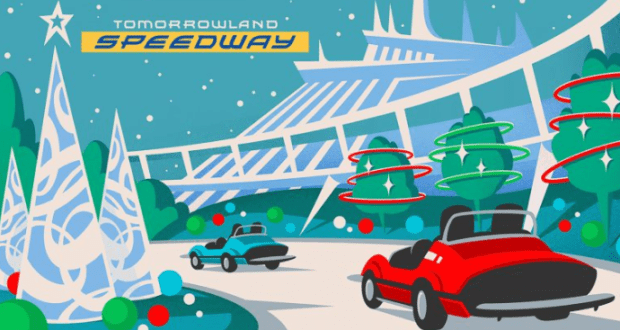 Tomorrowland Speedway’s vibrant cars zoom by neon trees, Space Mountain towers behind—spot festive twists at Disney’s holiday party.