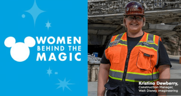 Split image with "Women Behind the Magic" logo and Kristina Dewberry, Star Wars: Galaxy's Edge builder, smiling in construction gear.