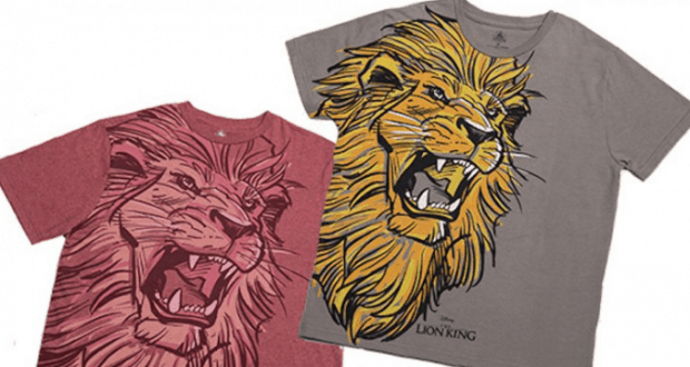 Lion King t-shirts in red and gray, featuring a bold roaring lion—ideal for Disney’s Animal Kingdom or park merchandise fans.