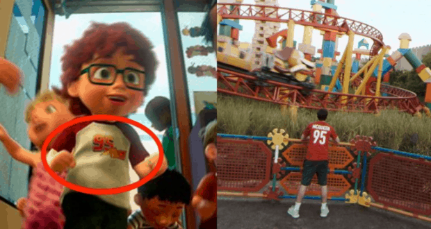 Split image: Left, Pixar animated boy in “95” tee; right, guest in matching shirt at Toy Story Land, nodding to Pixar Easter Eggs.
