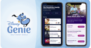 Disney Genie app at Walt Disney World shows ride wait times, attraction lists, and upcoming plans with Genie guiding on the left.