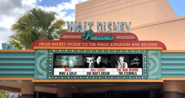 Walt Disney Presents marquee showcases current attractions and Mike & Sully meet-and-greet, honoring legends like Jack Kirby.