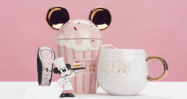 Disney-themed pink and white mugs, chef Mickey figurine, and MagicBand—exclusive Epcot Food & Wine Festival merch at Walt Disney World.