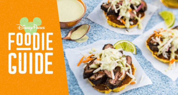 Tasty meat and slaw tostadas star in front of the “Disney Parks Foodie Guide” logo, celebrating Epcot’s Food & Wine Festival.