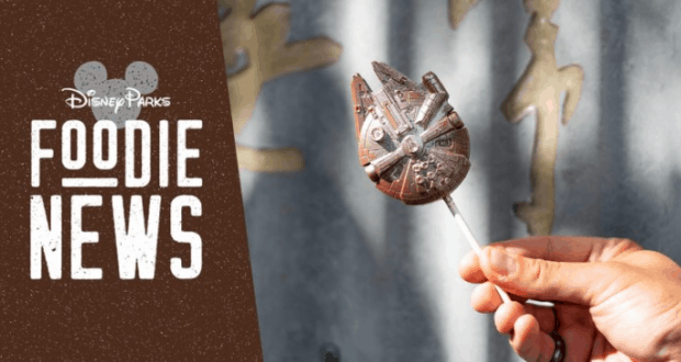 Millennium Falcon snack on a stick held up by Disney Parks Foodie News sign, highlighting Star Wars treats at Hollywood Studios.