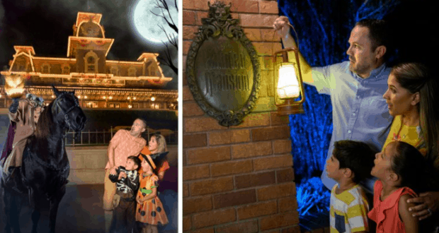Guests exploring Haunted Mansion at Mickey's Not-So-Scary Halloween Party, lantern in hand, Headless Horseman looming nearby.